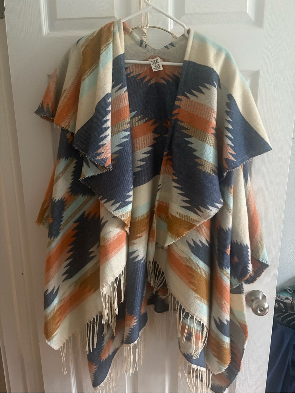 Free People Aztec Fringe Cape in Navy, Cream & Rust